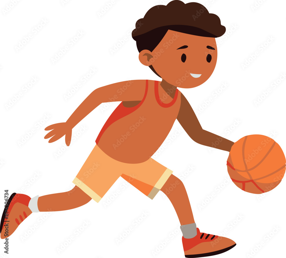 Cartoon boy playing basketball in an orange outfit on a white background Cartoon boy playing basketball in an orange outfit on a white background