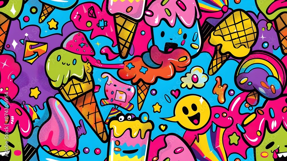 Whimsical Cartoon Ice Cream Characters in Fantastical Candy Colored Landscape Whimsical Cartoon Ice Cream Characters in Fantastical Candy Colored Landscape