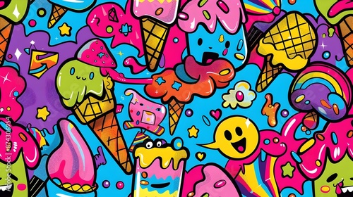 Whimsical Cartoon Ice Cream Characters in Fantastical Candy Colored Landscape