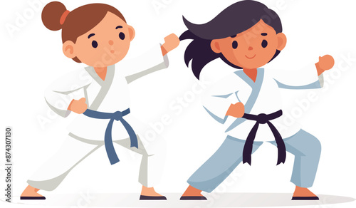 Two Karate Kids In Action With Black And Blue Belts.