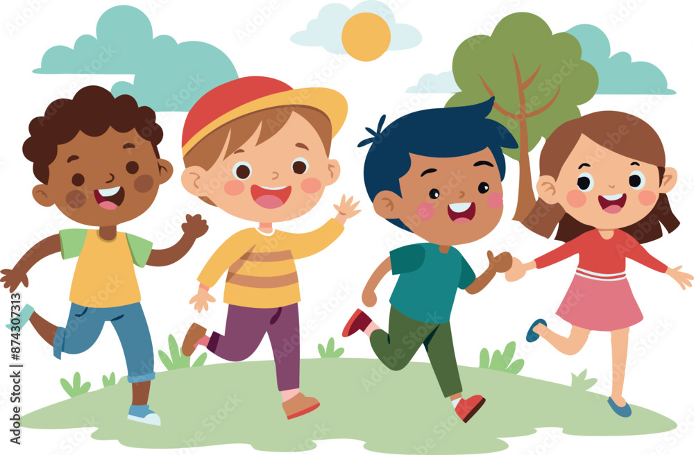 Happy children of different ethnicities running together in the park Happy children of different ethnicities running together in the park