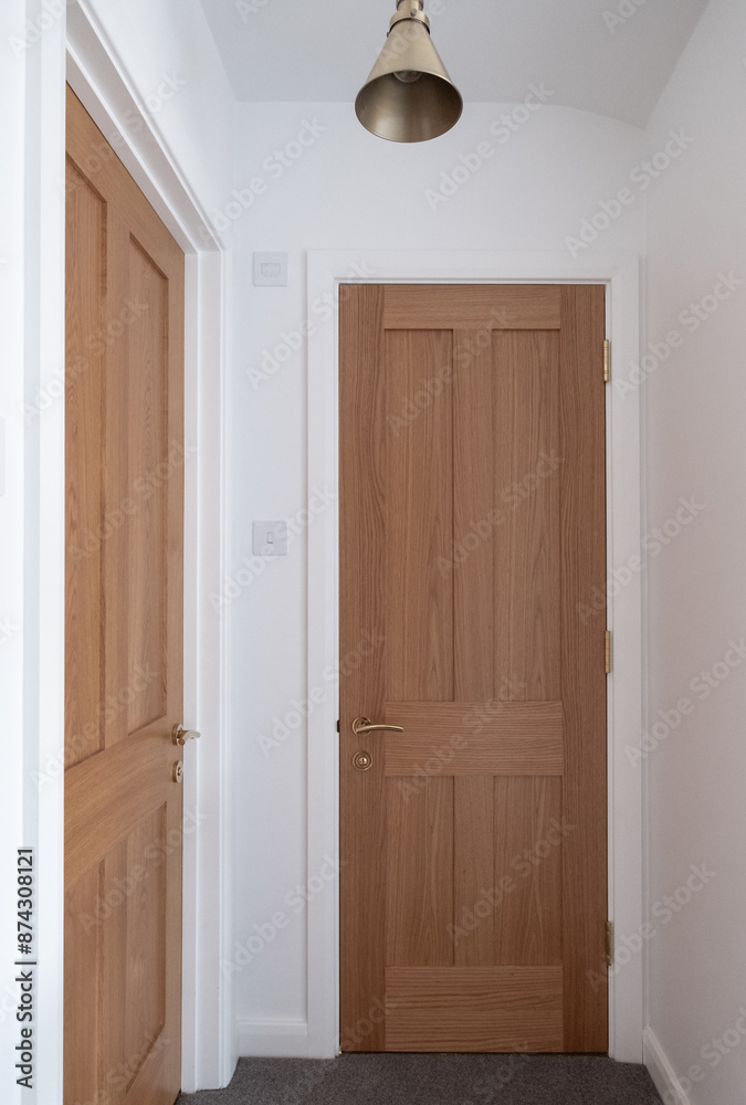 Wooden, shaker style, panelled internal doors with brass door furniture and white painted walls. Part of a house renovation in London UK. Wooden, shaker style, panelled internal doors with brass door furniture and white painted walls. Part of a house renovation in London UK.
