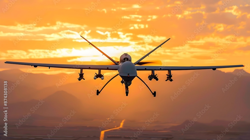 Sophisticated Drone Silhouetted Against Vibrant Sunset Landscape Sophisticated Drone Silhouetted Against Vibrant Sunset Landscape