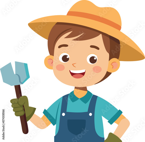 Happy young boy cartoon character gardener holding a trowel in gardening outfit