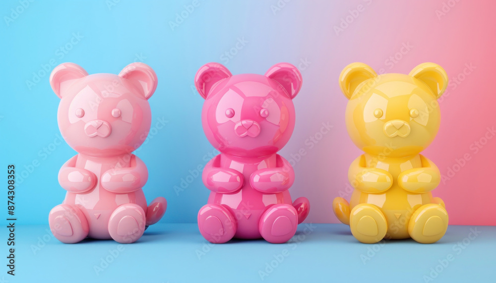 A blue and pink background showcases three colorful gummy bears arranged in a row A blue and pink background showcases three colorful gummy bears arranged in a row