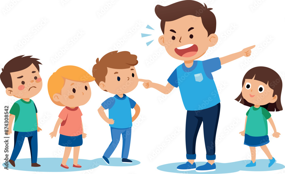 Illustration of a bully pointing and shouting at three sad children with one looking away Illustration of a bully pointing and shouting at three sad children with one looking away