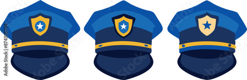 Three Blue Police Hats With Badges And Details.