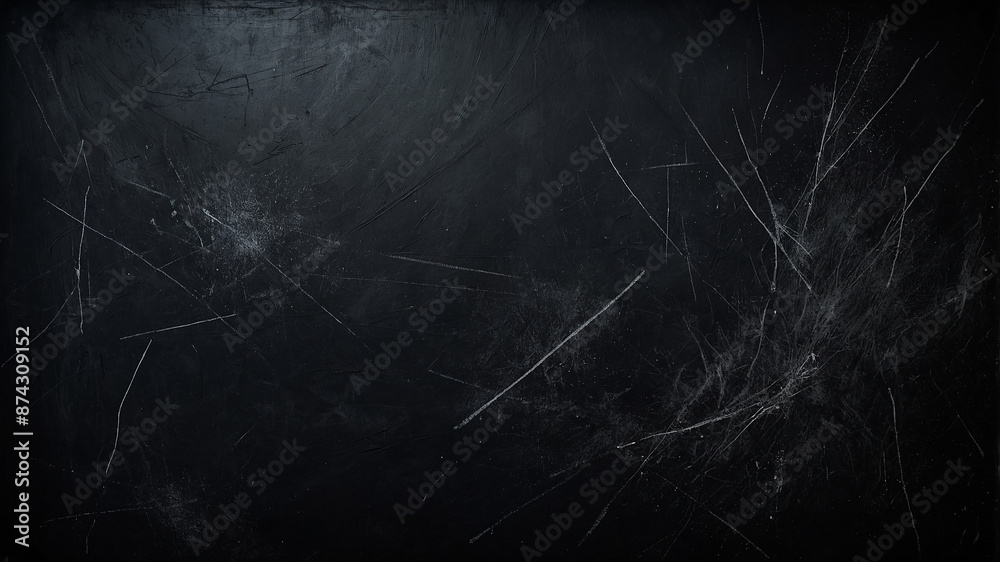 Black board with dust and scratches design, dark grunge abstract background and copy space