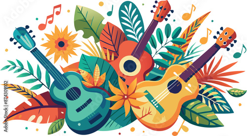 Three ukuleles surrounded by tropical flowers and leaves creating a summer music festival background