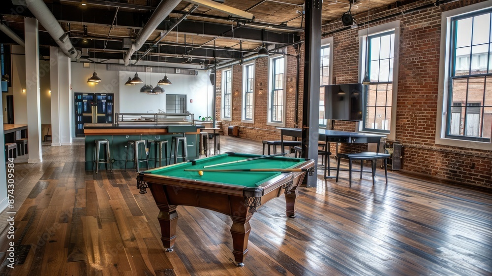 Pool Table in a Spacious Loft With Exposed Brick Walls Pool Table in a Spacious Loft With Exposed Brick Walls