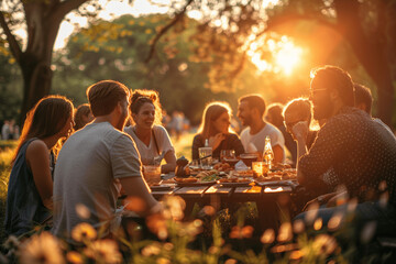 summer picnic with friends in the park enjoying food and fun outdoors during golden hour light