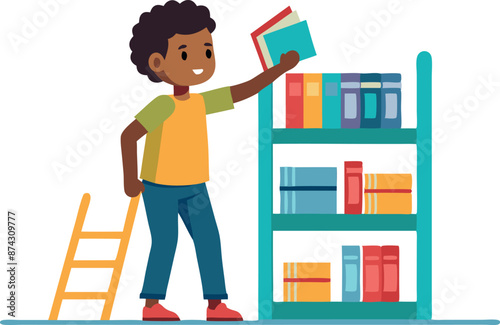 Young boy reaching for a book on a bookshelf with a ladder