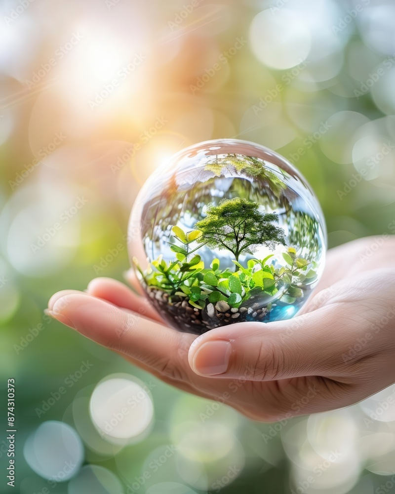 Hand holding a glass sphere with a small tree inside, symbolizing environmental protection and sustainability.