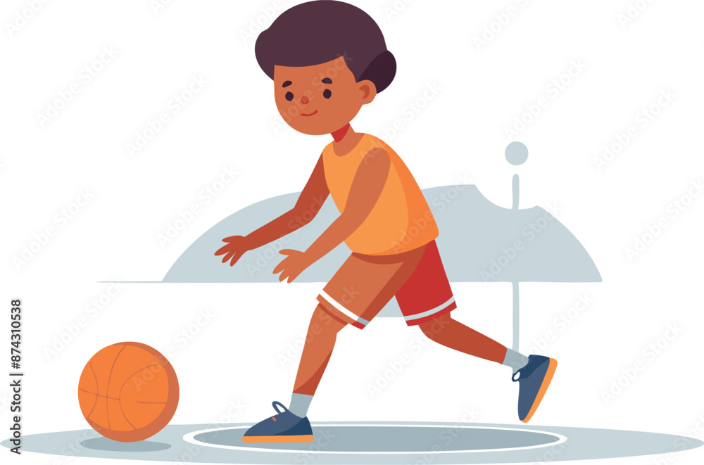 Cartoon boy playing basketball in an orange outfit on a white background Cartoon boy playing basketball in an orange outfit on a white background