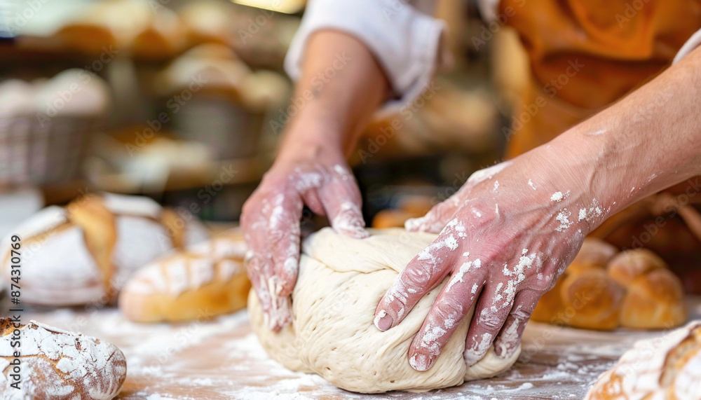 A person is kneading dough in a bakery, demonstrating a meticulous approach to food production A person is kneading dough in a bakery, demonstrating a meticulous approach to food production