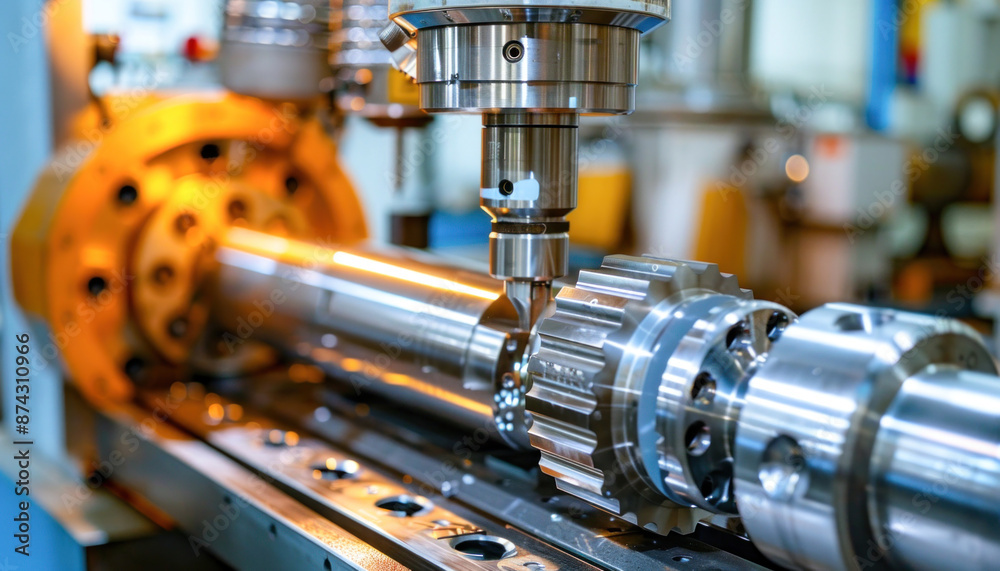 In a manufacturing facility, a machine is cutting a piece of metal to precision In a manufacturing facility, a machine is cutting a piece of metal to precision