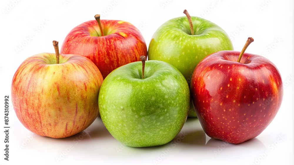 Five apples, two red and three green, are arranged on a white surface Five apples, two red and three green, are arranged on a white surface
