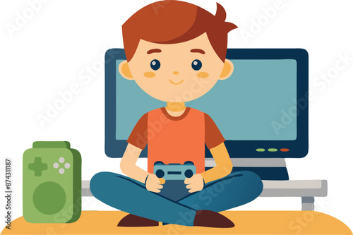 Boy playing videogames sitting on the floor at home