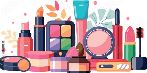 Decorative cosmetics composition featuring various beauty products