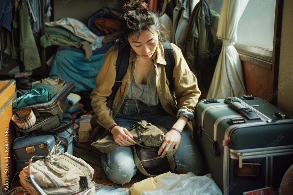 A woman is sitting on the floor in a room with a lot of luggage A woman is sitting on the floor in a room with a lot of luggage