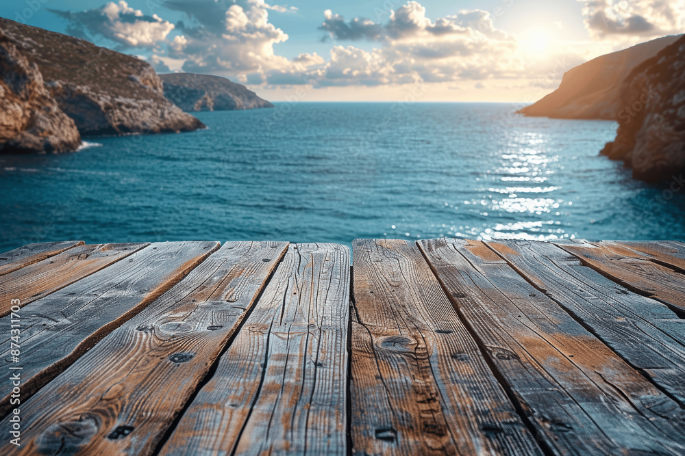 Fototapeta premium Wooden Table with Ocean and Sky Background for Product Display, Ideal for Summer Vacation Themes
