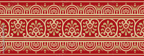 Vector seamless gold with red border, Pompeii frame. Endless Neopolitan ornament. Art of Ancient Rome