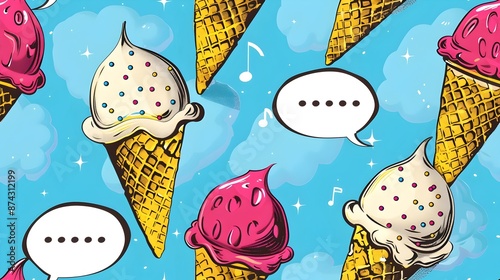 Whimsical Tiered Ice Cream Cone Display with Vintage Inspired Pop Art Speech Bubbles
