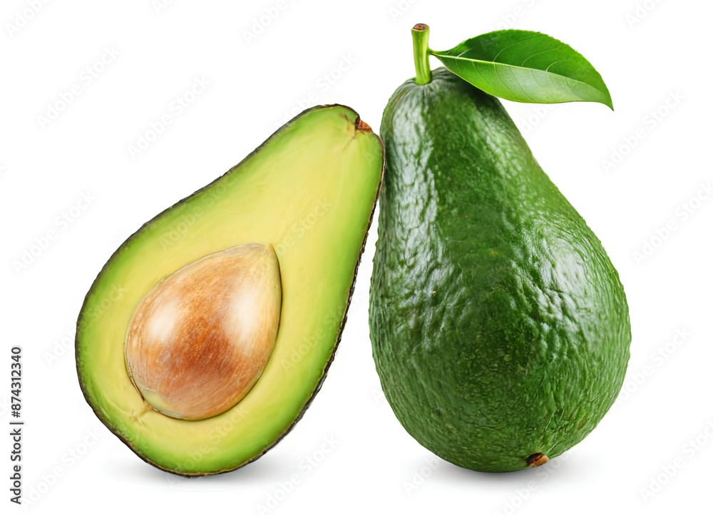 A halved avocado with a seed and a whole avocado with a green leaf are shown on a white background A halved avocado with a seed and a whole avocado with a green leaf are shown on a white background