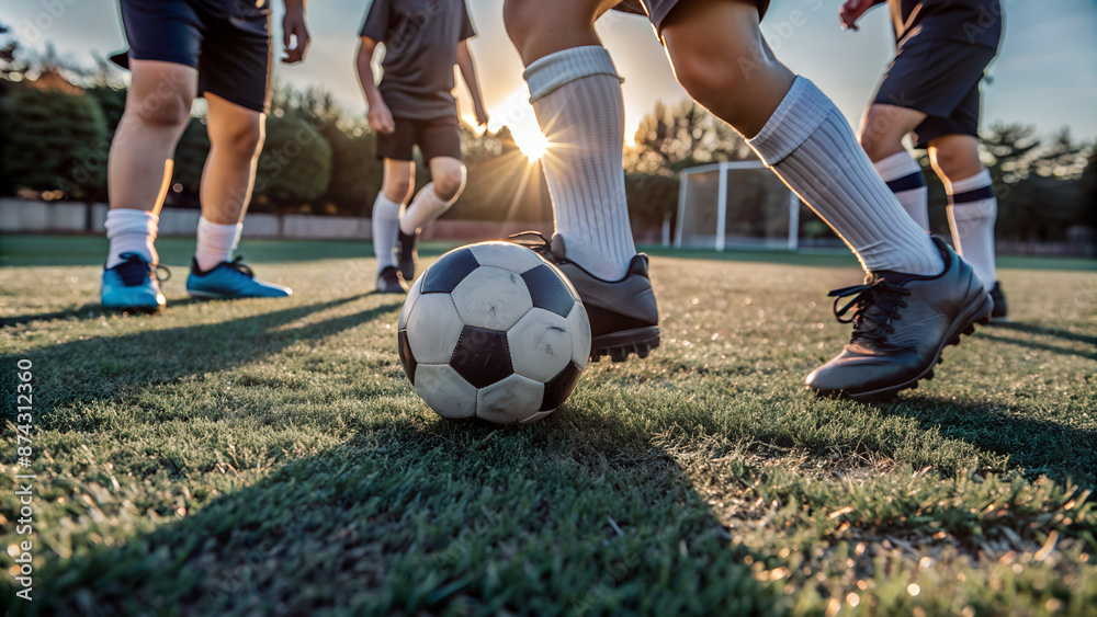 Close-up, focus on children's feet and ball In football uniforms, they are kicking a ball on a beautiful green grass football field. The evening sun shines in the background Close-up, focus on children's feet and ball In football uniforms, they are kicking a ball on a beautiful green grass football field. The evening sun shines in the background