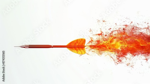 A flaming dart flying through the air on a white background.