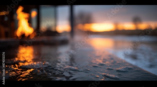 A tranquil and warm sunset view with reflections on calm waters, capturing the flames of an outdoor fire, creating a peaceful and serene atmosphere. photo