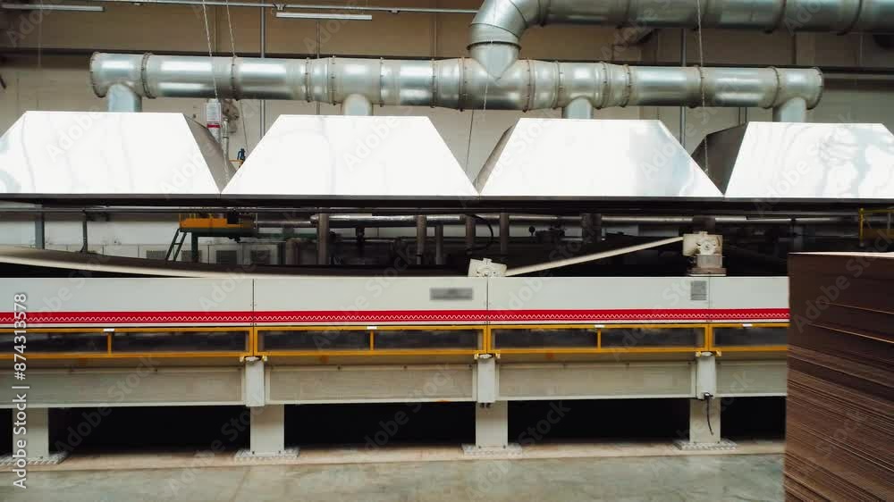 Equipment for drying corrugated cardboard at a factory for production of cardboard boxes. Modern technological equipment at a paper mill. Drone flight, paper industry, waste recycling, conveyor line. Equipment for drying corrugated cardboard at a factory for production of cardboard boxes. Modern technological equipment at a paper mill. Drone flight, paper industry, waste recycling, conveyor line.