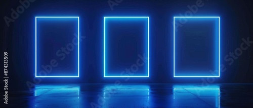 Three glowing blue neon frames on a dark background.