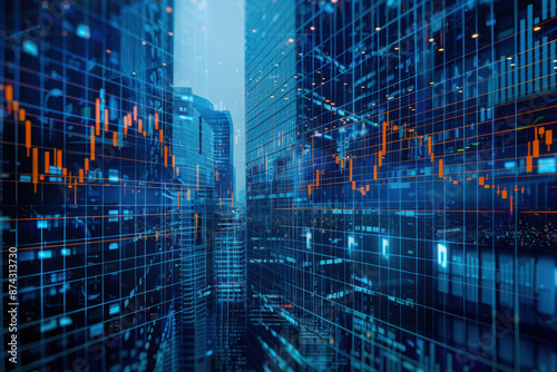 Abstract image of buildings overlaid with financial data graphs, symbolizing real estate market analysis on a blue background
 photo