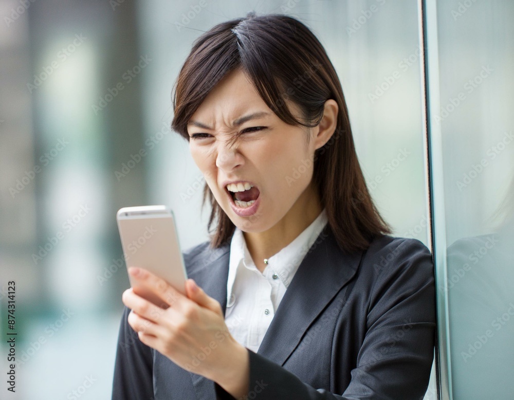 スマートフォンを見て怒る、びっくりするオフィス街のビジネスウーマン。 スマートフォンを見て怒る、びっくりするオフィス街のビジネスウーマン。