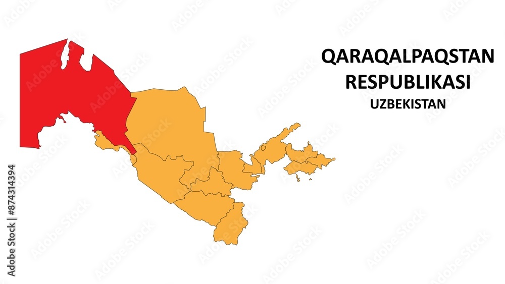 Qaraqalpaqstan Respublikasi Map is highlighted on the Uzbekistan map with detailed State and region outlines. Qaraqalpaqstan Respublikasi Map is highlighted on the Uzbekistan map with detailed State and region outlines.