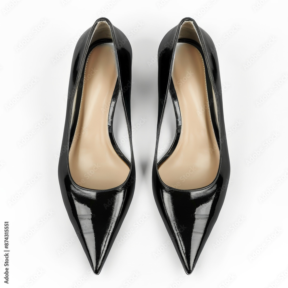 A pair of classic black leather high-heeled pumps with a pointed toe, isolated on white background.
