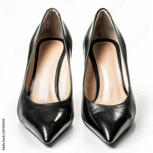 A pair of classic black leather high-heeled pumps with a pointed toe, isolated on white background.