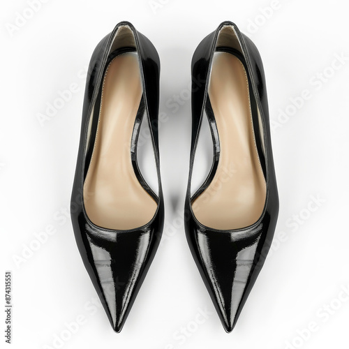 A pair of classic black leather high-heeled pumps with a pointed toe, isolated on white background.