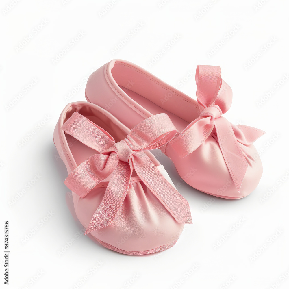 A pair of kids' ballet slippers in light pink, isolated on white background A pair of kids' ballet slippers in light pink, isolated on white background