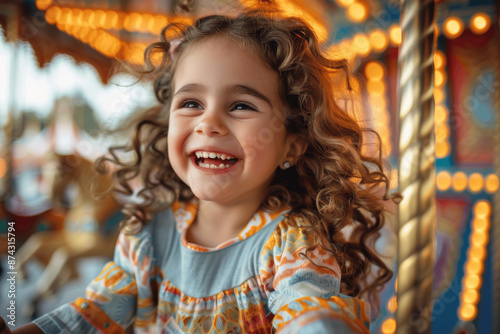 Joyful little girl with curly hair laughing on vibrant carousel outdoors in colorful striped dress at amusement park, experiencing fun and excitement under soft natural lighting © btiger