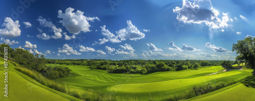 A panoramic view of a pristine golf course on a sunny day, featuring lush green fairways, perfectly manicured greens, and clear blue skies with a few fluffy white clouds.