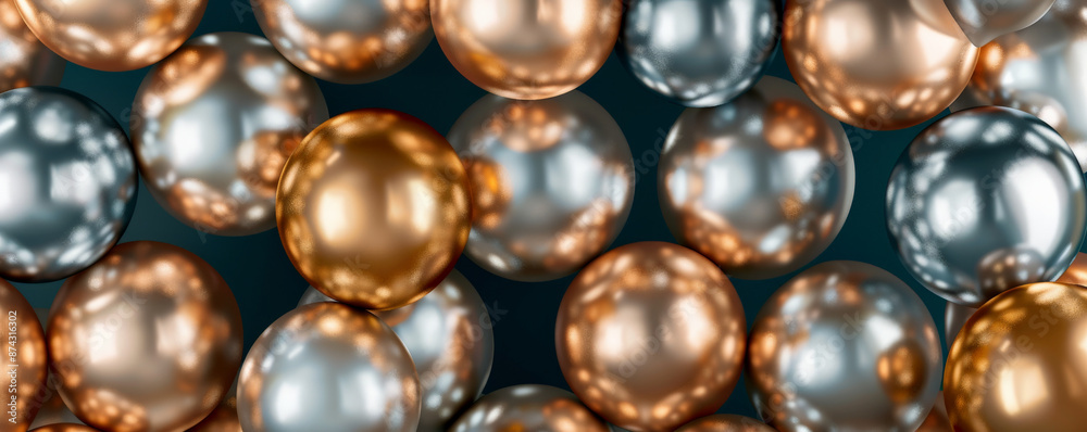 A playful display of metallic balloons in gold, silver, and rose gold, reflecting light and creating a luxurious and celebratory mood against a dark blue background. A playful display of metallic balloons in gold, silver, and rose gold, reflecting light and creating a luxurious and celebratory mood against a dark blue background.