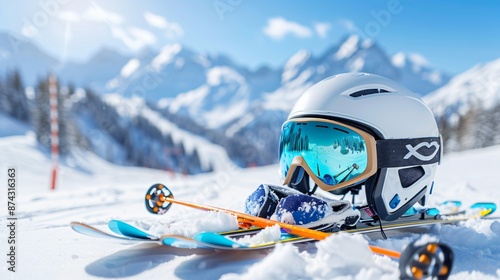 Display of winter sports gear featuring colorful ski goggles, gloves, and helmets, arranged on fresh powdery snow with ski slopes in the background