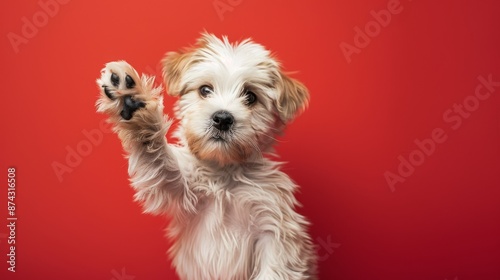 Adorable Shih Tzu Puppy Extending a Paw in Greeting Against a Vivid Red Background, with a Playful Expression