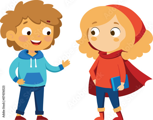 Cartoon illustration of two happy children talking and smiling together