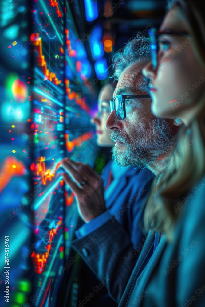 Obraz premium Futuristic technology concept. Team of artificial intelligence software engineers and finance workers in financial stock market that is digitalized with graphics into digital twin of finance Industry 