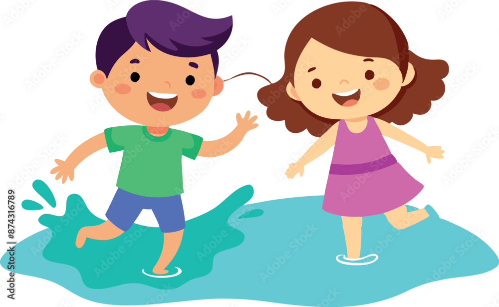 Cartoon kids playing in water, happy children enjoying outdoor fun Cartoon kids playing in water, happy children enjoying outdoor fun