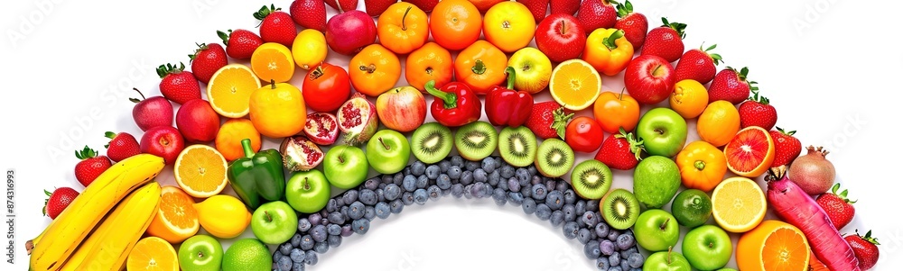 colorful fruits curved like a rainbow on a white background colorful fruits curved like a rainbow on a white background