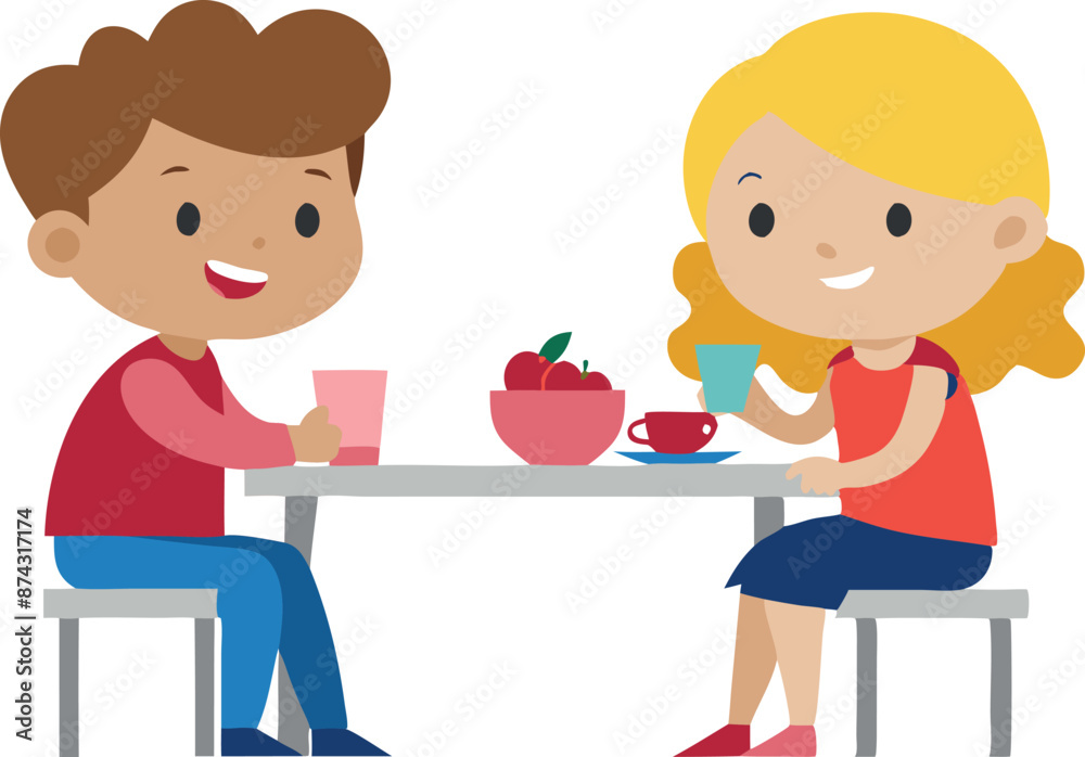 Illustration of two children sitting at a table and enjoying drinks together Illustration of two children sitting at a table and enjoying drinks together